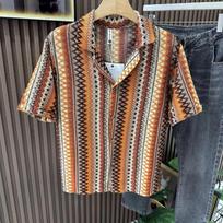 Vyriški Retro Geometriniai Dryžuoti Megzti Marškiniai Trumpomis Rankovėmis Stovyklos Apykakle CDown Boho Etninis Raštas Vasariniai Marškiniai L oranžinė