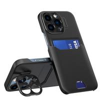 Hurtel Leather Stand Case for iPhone 14 Pro, card wallet cover with stand, black