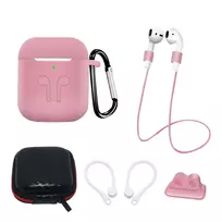 Hurtel Set of AirPods 2 / AirPods 1 silicone case + case / ear hook / neck strap / watch strap holder / carabiner - pink