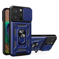 Hurtel Hybrid Armor Camshield iPhone 15 Pro Case with Kickstand and Camera Cover - Blue