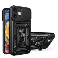 Hurtel Hybrid Armor Camshield iPhone 16 Plus Armored Case with Camera Cover and Stand - Black