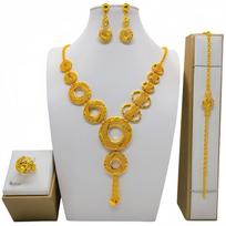 24K Gold Jewelry African Bridal Necklace Earrings Ring Bracelet Indian Ladies Jewelry Set gray