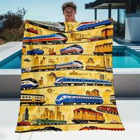1 vnt. traukinio rašto vilnos pledas geltonas animacinis lokomotyvas miesto panorama vaikų kambario dekoracija kelionės tema minkštas užklotas Size: 75*100cm, Weight: 230 GSM yellow