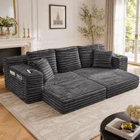 Velvetinė kompresinė sofa su aukštu atlošu ir pagalve, šoninėmis kišenėmis ir puodelių laikikliais, jungiama kaip miegama sofa, minkštas paminkštinimas komfortui, tamsiai pilka 107.48 x 38.58 x 34.25 cm tamsiai pilka spalva