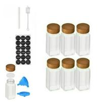Glass Spice Jars with Labels- Wood Lid Square Spice Containers with brush Lids &Funnel,Seasoning Jars for Rack Cabinet Drawer white