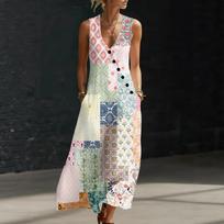 Sleeveless Maxi Dress with V Neck Button Front and Geometric Print Pattern Relaxed Fit Summer Style L mėlyna