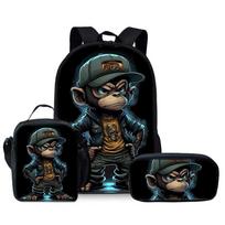Cartoon Animal Monkey Three Piece Backpack Set for Boy and Girls Best Gifts 2D Flat Cartoon School Backpack for Children black
