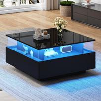 Modernus blizgus LED kavos staliukas 70*70*41cm su 2 stalčiais ir skaidria ekspozicine zona – Keliamoji galia iki 30 kg, idealus svetainėms juoda