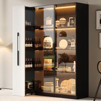 Daugiafunkcinė spintelė 110,5×35×160 cm - Vitrina su stiklinėmis durelėmis ir LED, šoninis ištraukiamas - Dizainas baltos ir juodos spalvos, aukšta spintelė juoda