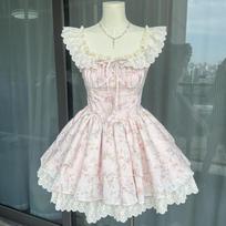 French casual small flying sleeves summer beautiful princess cake dress waist fluffy dress gentle floral dress women S- (can be worn within 45kg) rožinė