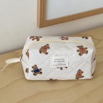 Women Makeup Zipper Bag Cartoon Bear Tote Large Capacity Quilting Pouch Washbag Cute Female Brush Cosmetic Storage Bag L white