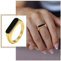 5mm Women Signet Rings, 24K Gold Color Stainless Steel Geometric Rectangle Top Finger Band, Chic Punk Girls Fashion Jewelry 7 beige