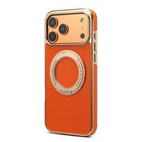 Business Leather Rotating Holder Electroplated Case For iPhone 17 ProMax 16 15 14 13 Pro Stronger Magnetic Shock Proof cover iPhone17 Pro oranžinė