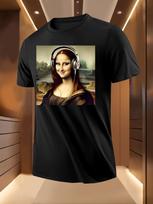 Funny Mona Lisa with Headphones Graphic Tshirt Graphic Ts... XXL black