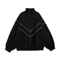 Oversized Black Windbreaker Jacket - Men's Full Zip High Neck Top with Geometric White Chevron Lines & Elastic Hem M juoda
