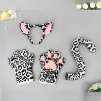 Leopard Ear Headband Set Tail Hairband Paw Gloves Cos Costumes Cute Sexy Leopard-Print Fashion Accessories For Girls Women Party gray