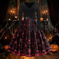 Women's Vintage Flare Dress Long Sleeve V-Neck with Halloween Print for Party and Daily Wear M