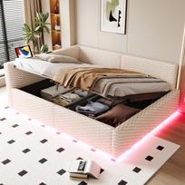 Apmušta lova 140 x 200 cm su LED apšvietimu, C tipo ir dviem USB prievadais, L formos atlošas, aksomas, hidraulinis lovos rėmas, smėlio spalvos (Čiužinys neįtrauktas) 213 x 147.5 x 68 cm smėlis