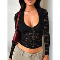 Hot Girl Style Sexy Long-sleeved T-shirt Top Lace Women's 2025 Autumn and Winter XXL abrikosas