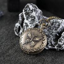 Fashion Butterfly Hollow Carved Quartz Pocket Watch Necklace Pendant Gifts For Women Man with Fob Chain gray