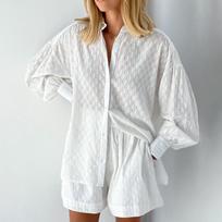 Beach Shirt Shorts Two-piece Set Women's Summer Casual Sportswear Women's Loose Long-sleeved Top Suit Casual Wear Home Wear XXL balta