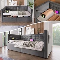 Sofa-lova 90x200 cm, Vienvietė sofa-lova su hidrauline daiktadėže, USB ir Type-C įkrovimu, Svečių lova su grotelėmis, Pilka, Velūras, Be čiužinio. 215 x 106 x 75 cm pilka