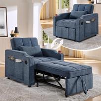 3-in-1 miegojimo kėdė su USB/Type-C prievadu, sofa-lova (190 cm) su nerūdijančio plieno gėrimų laikikliu, 3 lygių reguliuojamu atlošu, šoninėmis kišenėmis, tamsiai mėlynos spalvos 190 x 85 x 86 cm