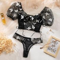 Spicy Girl Backless Butterfly Embroidery French Puff Sleeve Lingerie Set XL juoda