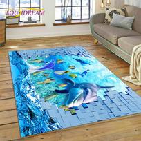 3D Iliuzija Povandeninis Pasaulis Jūros Dugnas Rykliai Delfinai Animacinis Kilimas Kilimas Miegamajam Svetainei Sofos Dekoravimas, Vaikų Dekoras Grindų Kilimėlis 40x60cm( 15x23in ) blue