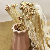 10Pcs Gold Ribbon Wands Fairy Sticks Wedding Twirling Lace Streamers With Golden Bell Party Cheering Prop Wedding Decors beige