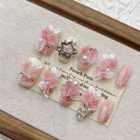 Handcrafted Pink Rose Floral Press-On Nails Short Almond Shape Women Sweet Chic Style Medium gray