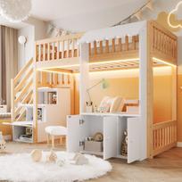 Medinė dviaukštė lova 90×200 cm, su sandėliavimo spinta, laiptais su saugykla, daugiaspalve LED juosta, karnizo dizainu, groteliniu rėmu, viengulė lova, medžio spalvos 253 x 108.9 x 139 cm natūrali