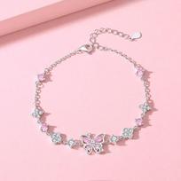 Tichia S925 Sterling Silver Butterfly Dance Bracelet with Pink Zircon Butterflies and Flowers for Women 925 Silver gray