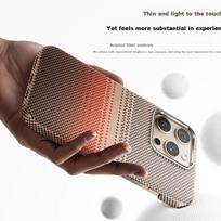 Apple iPhone 15 Pro dėklas Kevlaro Aramido pluošto MagSafe magnetinis apsauginis dangtelis Premium itin plonas itin lengvas Saulėlydžio švytėjimas