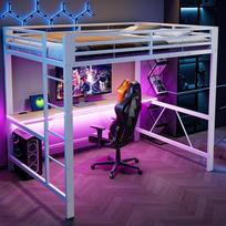 140x200 Žaidimų metalinis dviaukštis lovos rėmas su LED apšvietimu, USB įkrovimo stotele ir stalu, baltas 204 x 145 x 180 cm balta