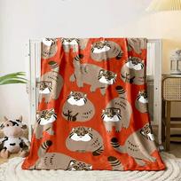Cartoon pallas cats with spotted fur on a solid red background pattern. for all seasons blanket lunch break throw gift 80cm x 120cm gray