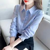 Fungus Single-breasted Women's Shirt Spring and Autumn New Loose Thin Top Lapel Long-sleeved High-end Shirt S mėlyna