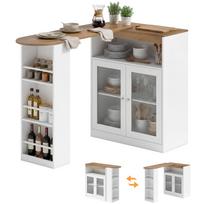 Prailginamas ir 90 laipsnių pasukamas baro stalas su atviromis lentynomis ir 2 stiklinėmis durelėmis 150x80x105,5 cm Baltas ir natūralus 150 x 80 x 105.5 cm