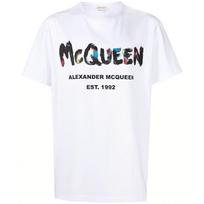 Alexander McQueen Watercolour Graffiti Logo Printed Crewneck T-Shirt 727285-QUZ22-0900 XL balta