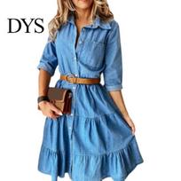 Denim Dress Three Quarter Sleeve Turn-down Collar Summer Buttons Ruffle for Work Solid Color L šviesiai mėlyna spalva