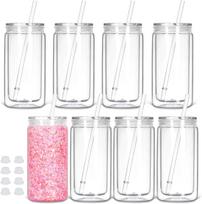 8 vnt. plastikiniai sniego rutulio puodeliai, 16 oz dvigubos sienelės plastikiniai puodeliai su dangteliu ir šiaudeliu, plastikiniai „Mason Jar“ puodeliai sniego rutuliukams su blizgučiais, „pasidaryk pats“ dovanoms (Aišku) gryna