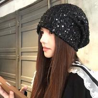 Korean BrandNew Versatile Sequins Pile Hat FallSeason and ColdSeason Windproof Ear Protection Head Hat Showing Face Small Cold Hat DailyWear Night One Size black