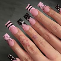 24Pcs Extra Long Square Press On Nails, Nude Pink with Black French Tips & Vine Polka Dot Fake Nails for Y2K Girls United States brown