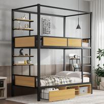 Bunk bed, iron + MDF, double shelf board on the side, storage space under bed, bed curtain can be attached to upper bed, black + natural, 90x200cm 204 x 95 x 230 cm