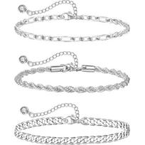 Sterling Silver Ankle Bracelets for Women Strong Lobster Clasp - Cuban Link, Figaro, Rope, Flat Mariner, Snake Herringbone, Satellite, Paperclip - Figaro,Curb,Rope white