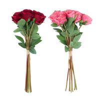 Dirbtinės gėlės „FLOWERLY“ – 9 rožių puokštė, raudonos arba rožinės spalvos, įvairių spalvų