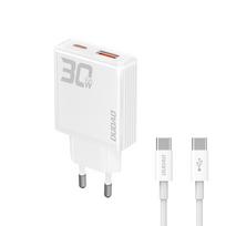 GaN Dudao A30EUT 30W USB-A / USB-C įkroviklis + USB-C laidas, baltas