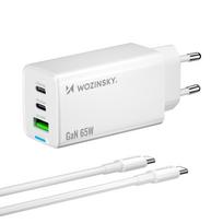 Tinklo įkroviklis Wozinsky GaN 65W, 2x USB-C / USB-A su USB-C laidu, baltas