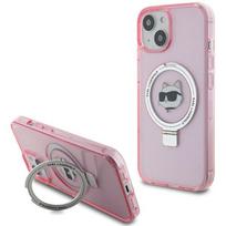 Karl Lagerfeld dėklas iPhone 15 su MagSafe ir stovu Choupette Head, rožinis