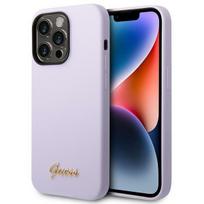 Guess iPhone 14 Pro dėklas Silicone Vintage Gold Logo, violetinis